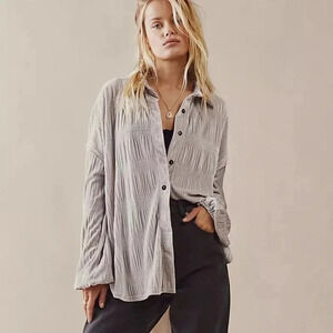 New Free People Velvet Long-Sleeve Button-down Top Chrome Grey Medium